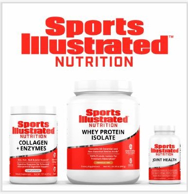 Sports Illustrated Nutrition supplement packaging: whey protein, collagen, and joint health products