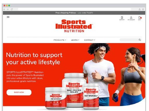 Sports Illustrated Nutrition homepage: red hero with product lineup and benefit-driven navigation