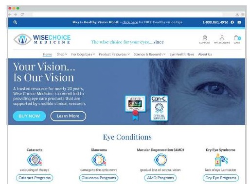 Wise Choice Medicine website: Your Vision Is Our Vision hero with eye condition navigation